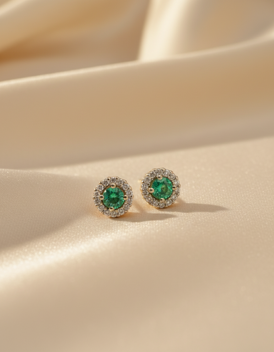 Náušnice Emerald Halo Studs , 14K zlato