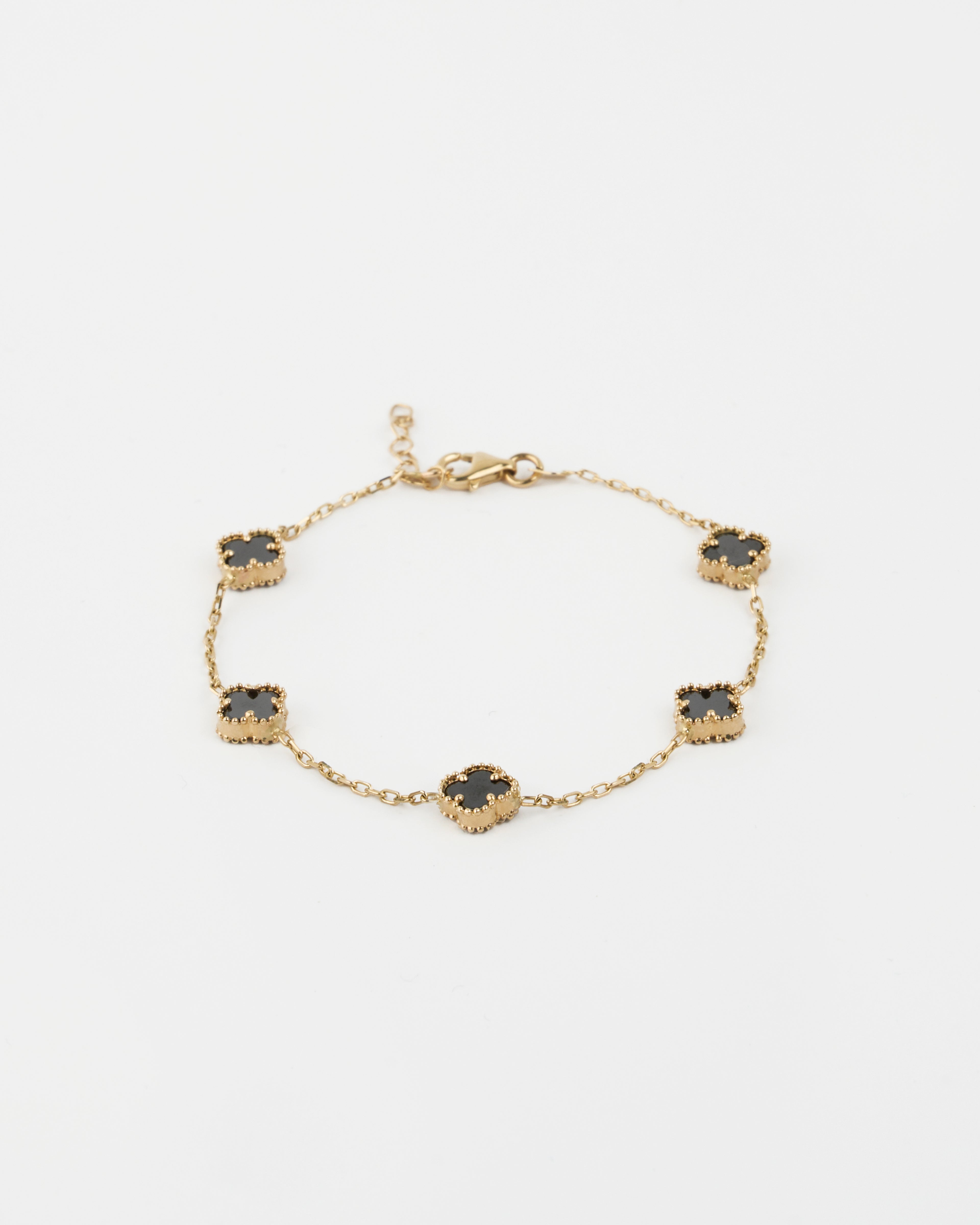 Náramok Aurora Clover čierny 5ks mini štvorlístok , 14K zlato