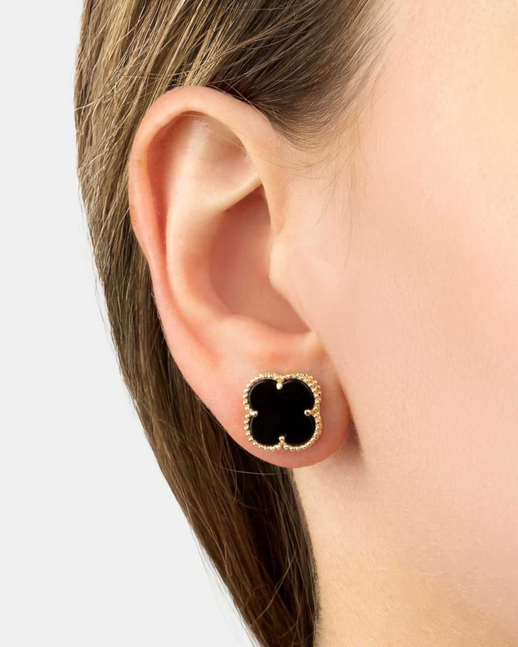 Napichovacie náušnice Aurora Clover čierne veľké, 14K zlato